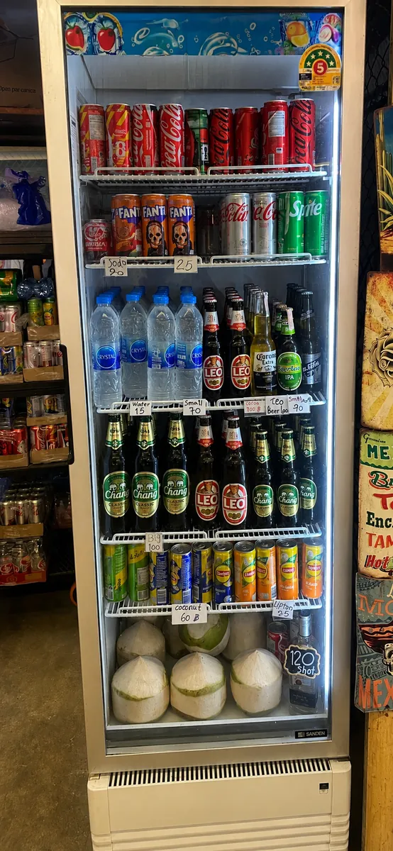 Pizza Luna beverage fridge with beer, soft drinks and fresh coconuts