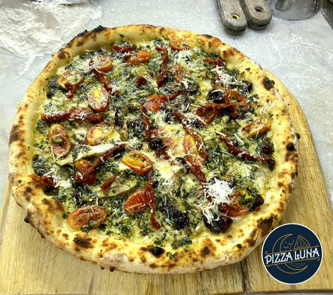 Rustic Pizza Luna pesto sourdough pizza