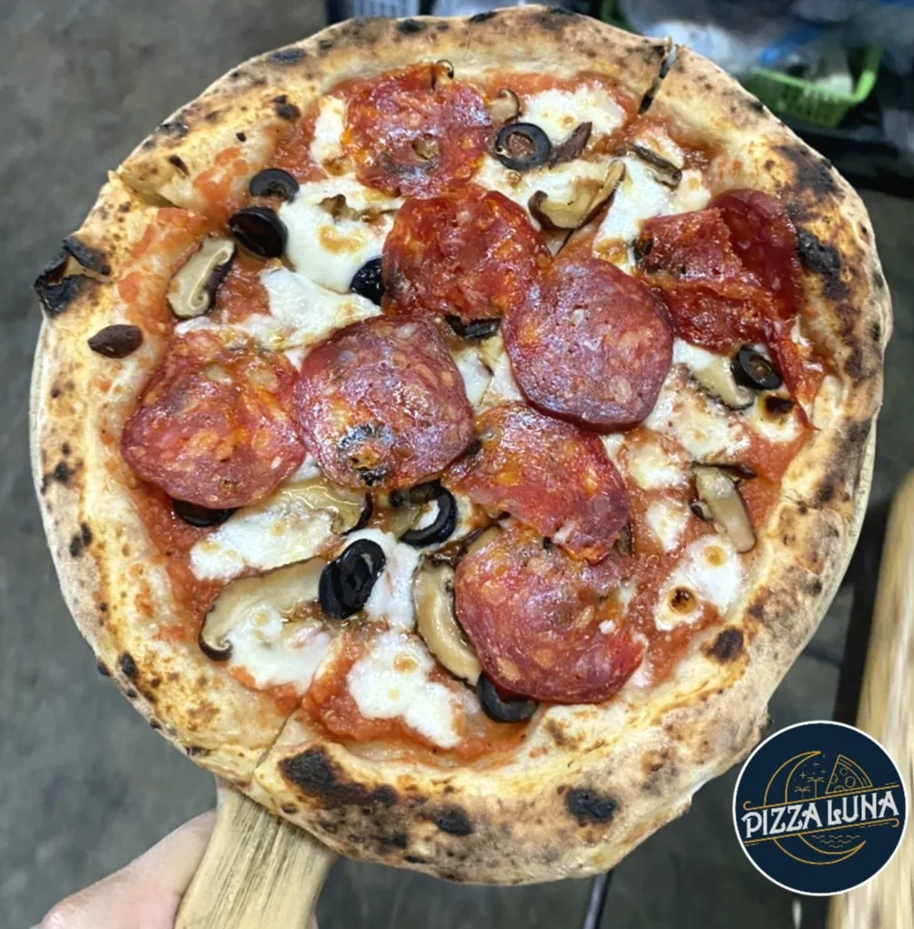 Pizza Luna salami and mushroom sourdough pizza